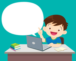 students boy sitting with laptop  and talking with Speech Bubble