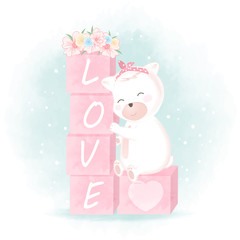 Cute bear and boxes with love hand drawn watercolor illustration