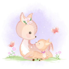 Cute baby deer and mother hand drawn animal illustration watercolor