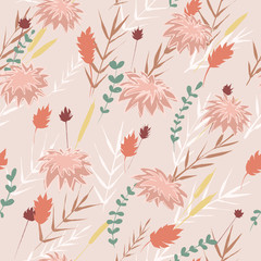 Vector floral ornament abstract floral colored seamless pattern with beige wildflowers, leaves and plants. Autumn mood