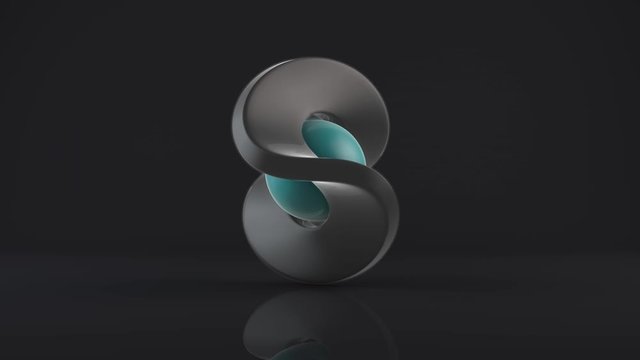 3D animation of a model of a silvery, metallic lamp made of Mobius tape and a glowing plasma sphere in the center.