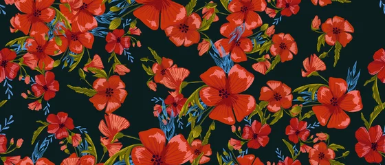 Fototapete Mohnblumen nahtlose Muster einfache rote Mohnblumen. Verstreuter roter Blumenvektormusterhintergrund