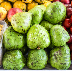 Exotic fresh fruits to sell on San Pedro market in Cusco, Peru.