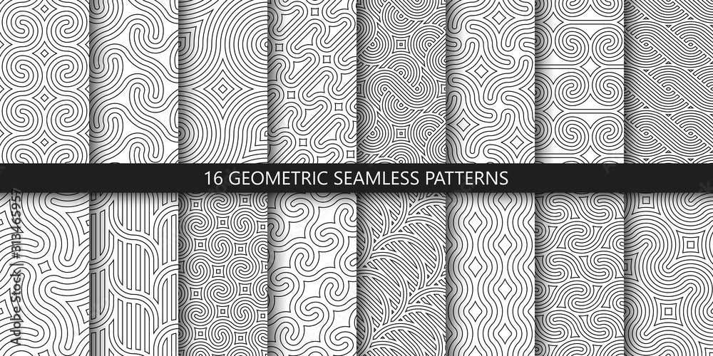 Leinwandbilder Vector set of linear ornamental seamless patterns. Collection of geometric braided modern patterns. Patterns added to the swatch panel.
