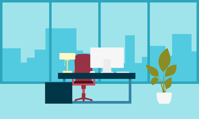 Interior of a modern office in a skyscraper. Room with table and computer. Vector illustration