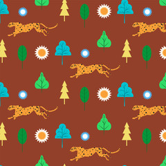 Pattern - running panther, leaves - red background - vector. Animal world