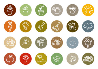 Set of 24 hand drawn gardening buttons and icons