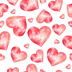 Red heart seamless pattern. Hand drawn watercolor volumetric red hearts isolated on white background. Watercolor texture. Design for Valentines day, gift paper, wrapping and covering designs. Clip art