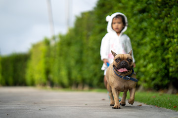 Cute little girl walking with her french bulldog in the morning.