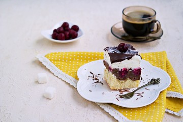 Sliced cake Danube waves: vanilla and chocolate sponge cake with cherries, vanilla pudding, coated with chocolate and decorated with cherries. Dessert Recipes. Valentine's Day. German cuisine.
