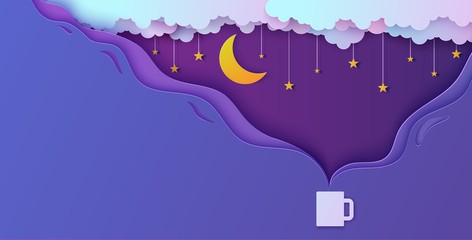 Night sky in paper cut style. Steam from hot drink cup. 3d background with violet and blue gradient cloudy landscape with stars on rope and moon papercut art. Vector card illustration. Origami clouds.