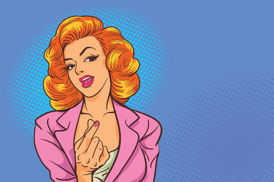 business woman action sexy  shows mini heart sign in the pop art comics style.