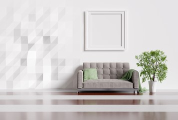 Template of an empty frame on a white wall in the interior of a large room. Square frame for signatures, paintings and photographs. 3D rendering. 3D illustration.