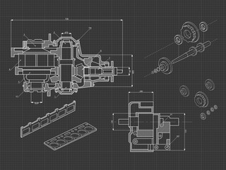 Technical blue background with drawings of details and mechanisms.Engine line drawing background. Vector illustration