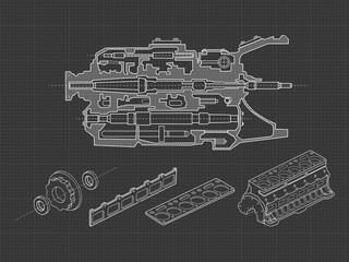 Technical blue background with drawings of details and mechanisms.Engine line drawing background. Vector illustration