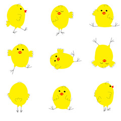 Set by cute chicken with different pose on a white background in bright colors in kids cartoon style. Vector Illustration. Print or Poster Design, web sites, printed materials for Easter, kids Design