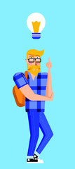 Illustration of a young blond man with a beard, plaid shirt, glasses and expression of thinking while a light bulb appears above him