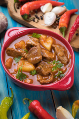 Beef goulash served in bowl