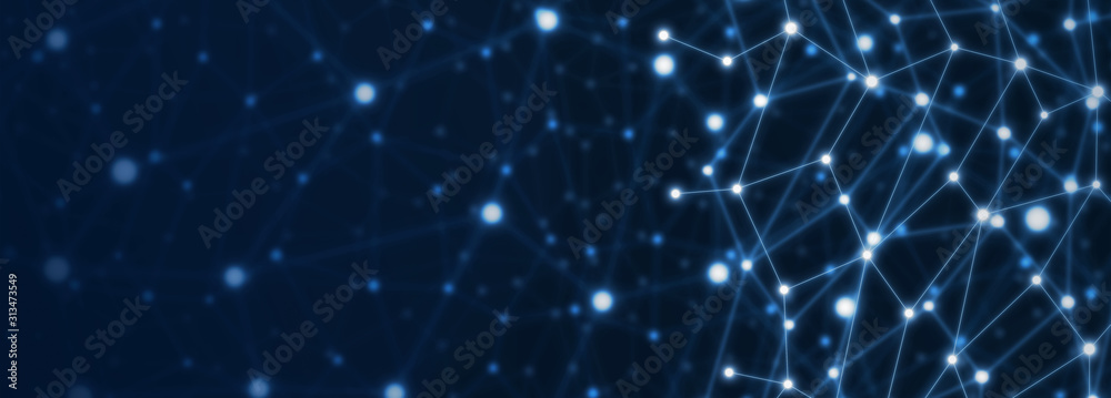 Wall mural bright, shiny, blue and and navy blue net connection banner. network of illuminated and connected li