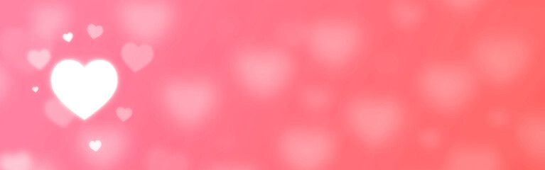 Bright and shiny hearts on hot and coral pink background banner with copy space for text.	