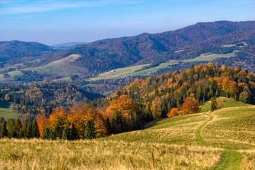 Pawlowska Mountain at right and Homole mountain at left. Pieniny in Autumn at Radziejowej Range background in Beskid Sadecki.