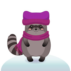 Winter vector illustration with cute racoon.