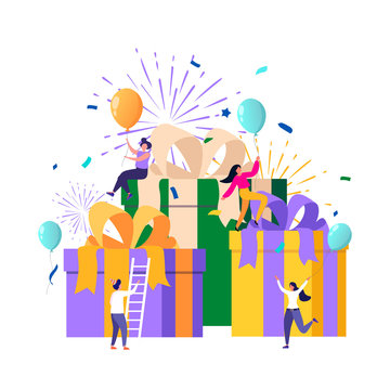 Group of happy people receive gift boxes. Online reward concept, can be used for referral programs, landing page, template, user interface, website, poster, banner, flyer, coupon. Vector flat design