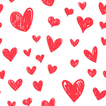 Heart doodles seamless pattern. Hand drawn love symbols, valentine's day hearts texture.