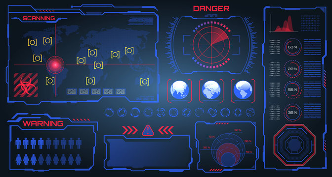HUD, UI, GUI Futuristic Frames User Interface. Warning, Danger Elements. Dashboard, Scanning System