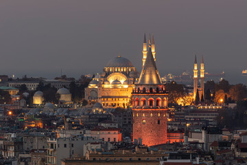 Galata Tower and Suleymaniye Mosque in Istanbul Old City - Istanbul, Turkey.