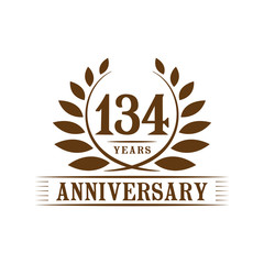 134 years logo design template. One hundred thirty fourth anniversary vector and illustration.