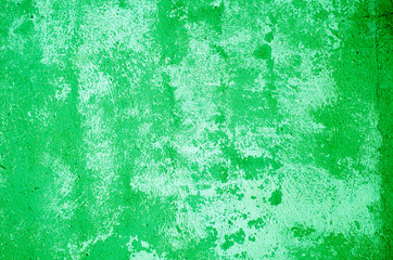 Fragment of old house wall close-up. Green background. Peeling plaster on concrete surface. tinted green. Cracks in paint. Copy space. Place for text. Selective focus image.
