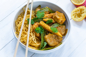 Satay pork curry with egg noodles