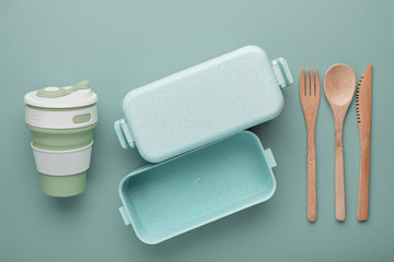 Zero waste lunch concept. Reusable cup and box, bamboo cutlery. Flat lay