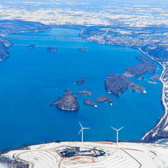 Aerial view of snow-covered landscape during winter in northeast USA