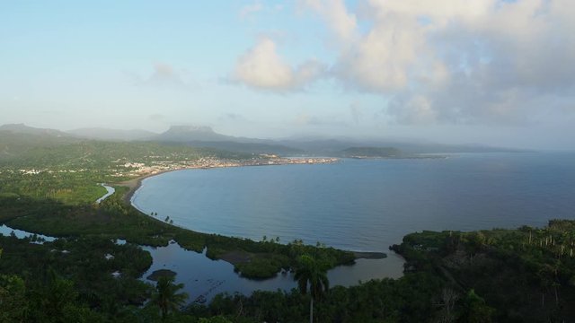 View over Bahia de Miel towards city and El Yunque Mountain, Baracoa, Guantanamo Province, Cuba