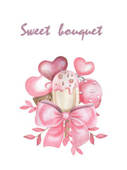 Postcard postcard to the day of St. Valentine. Watercolor illustration. Pink hearts. A bunch of sweets