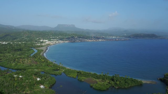 View over Bahia de Miel towards city and El Yunque Mountain, Baracoa, Guantanamo Province, Cuba