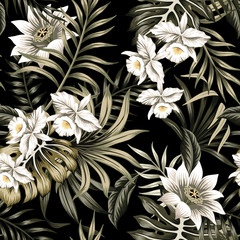 Tropical vintage white orchid, lotus flower, palm leaves floral seamless pattern black background. Exotic jungle wallpaper.