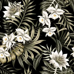 Tapeten Tropische Vintage weiße Orchidee, Lotusblume, Palmblätter floral nahtlose Muster schwarzen Hintergrund. Exotische Dschungeltapete. © good_mood