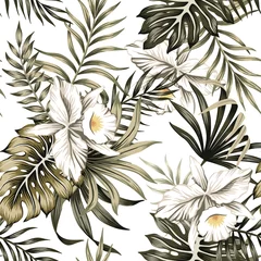 Fototapete Orchidee Tropische Vintage weiße Orchideenblüte, Palmblätter floral nahtlose Muster weißen Hintergrund. Exotische Dschungeltapete.