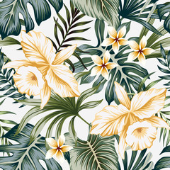 Tropical vintage yellow orchid flower, palm leaves floral seamless pattern grey background. Exotic jungle wallpaper.