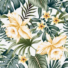 Wallpaper murals Beige Tropical vintage yellow orchid flower, palm leaves floral seamless pattern grey background. Exotic jungle wallpaper.