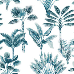 Tropische vintage blauwe palmbomen, bananenboom naadloze bloemmotief witte achtergrond. Exotisch junglebehang.