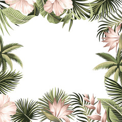 Tropical summer hibiscus, strelitzia flower, palm leaves, banana leaves vintage floral frame. Exotic illustration .