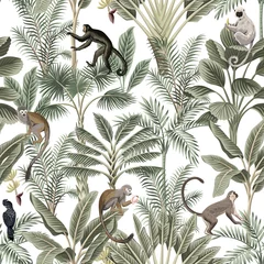 Fotobehang Bestsellers Tropische vintage aap, luiaard, zwarte vogel, palmbomen, bananenboom naadloze bloemmotief witte achtergrond. Exotisch junglebehang.