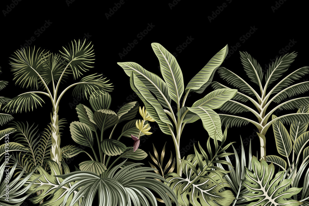 Sticker tropical night vintage palm tree, banana tree and plant floral seamless border black background. exo