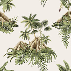 Fototapeta premium Hawaiian vintage island, palm tree, mountain, palm leaves summer floral seamless pattern.Exotic jungle wallpaper.
