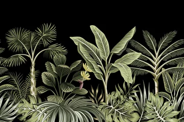 Deurstickers Vintage botanisch landschap Tropische nacht vintage palmboom, bananenboom en plant bloemen naadloze grens zwarte achtergrond. Exotisch donker junglebehang.