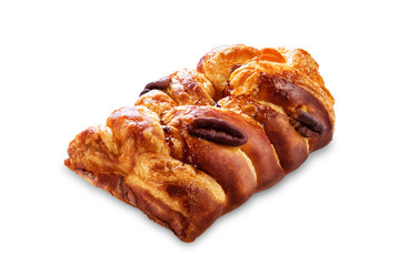 Maple and pecan plait Danish pastry on a white isolated background